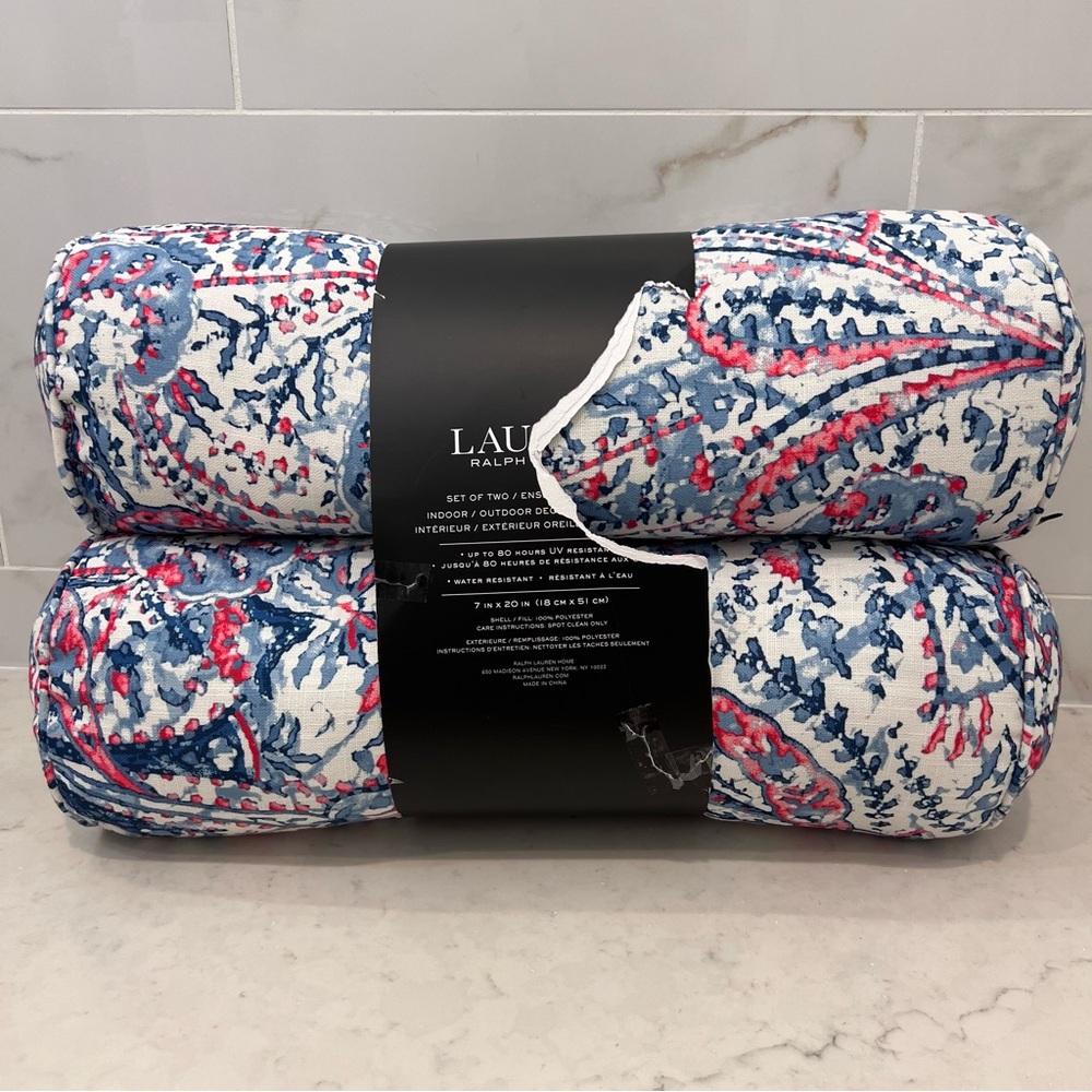 New! 2 Lauren Ralph Lauren Indoor Outdoor Bolster Decorative Pillows Blue/Pin…